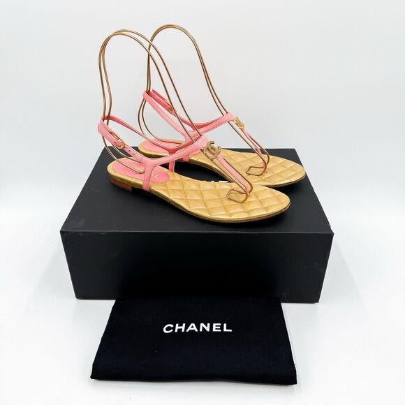 Chanel Interlocking CC Logo Quilted Leather Sandals Pink Gold 37 C - Picture 1 of 14
